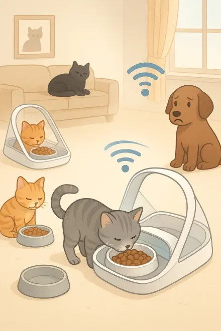 Cat with special diet using a microchip feeder