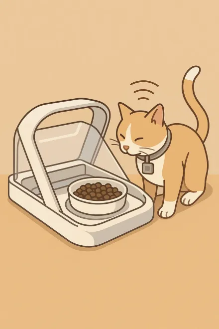 Cat using a microchip automatic feeder