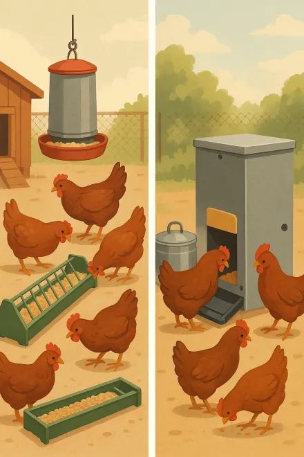 Hanging feeder installed in a backyard chicken coop