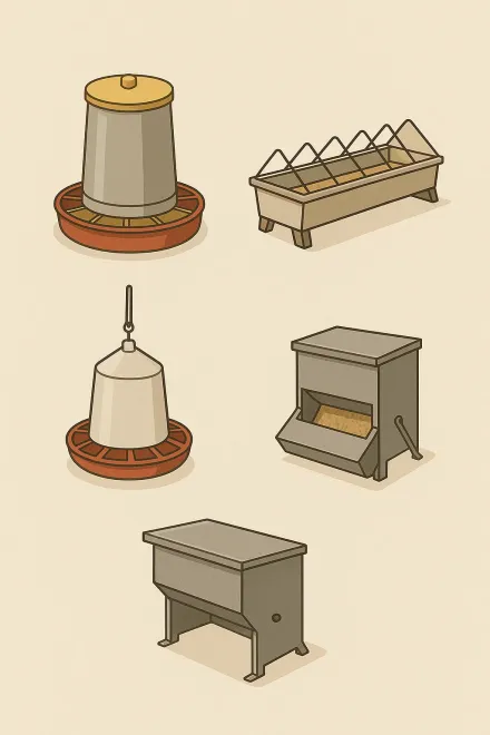 Different types of chicken feeders in a coop