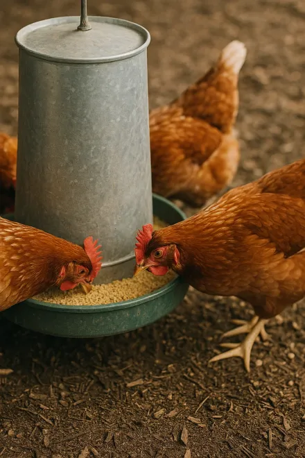 Chickens eating from a hopper feeder