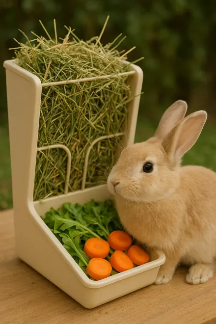 Rabbit next to a ceramic feeder