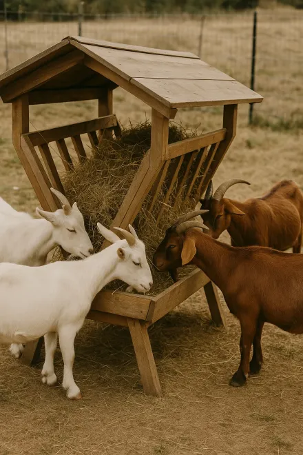 Different types of goat feeders on a farm