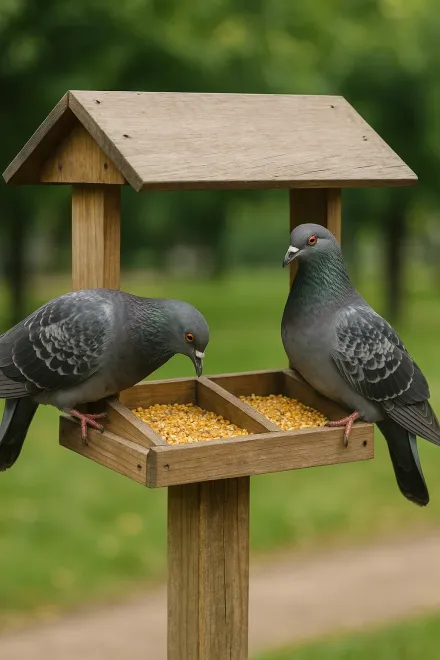Different types of pigeon feeders in a loft