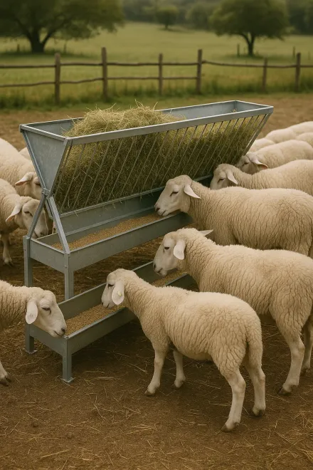 Sheep feeding from a metal feeder