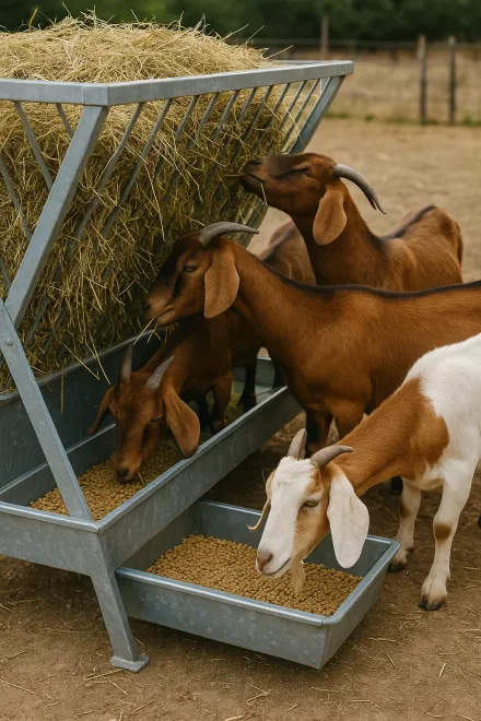 Goats feeding from a metal feeder