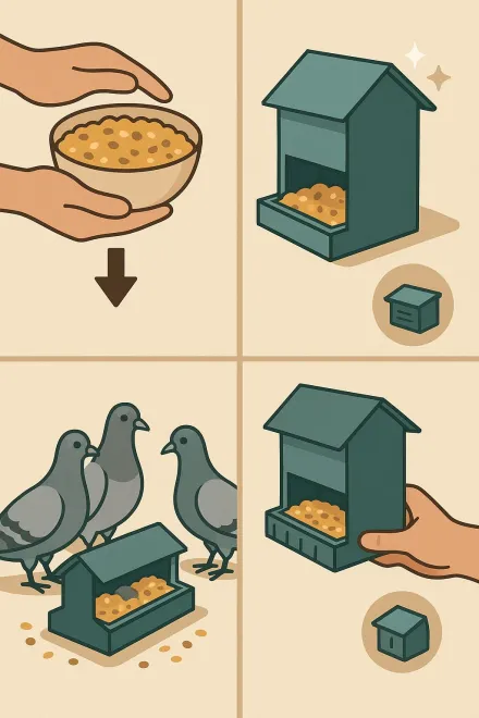 Pigeons feeding from a metal feeder