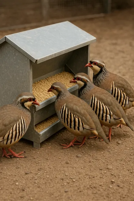 Partridges feeding from a hopper feeder