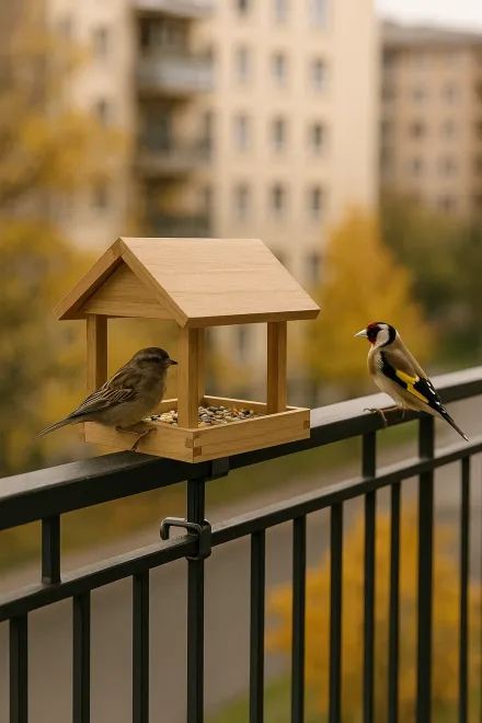 Balcony bird feeder installed on railing