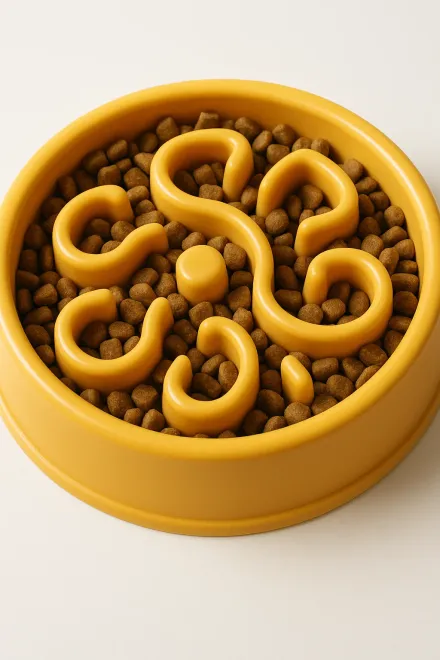Dog eating from a slow feeder bowl with maze design