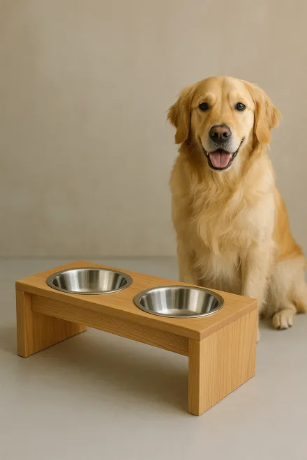 Elevated wooden dog bowl with stainless steel bowls