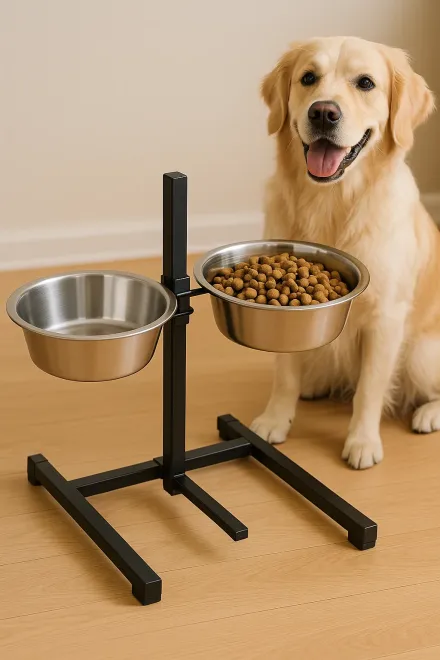 Dog eating from an adjustable stand feeder