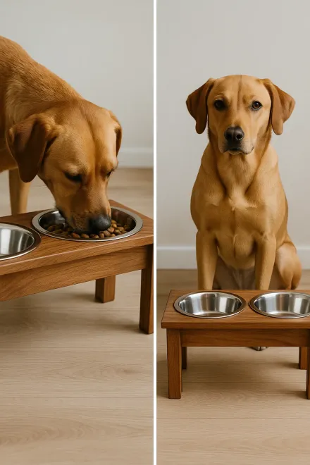 Dog eating from a double wooden bowl