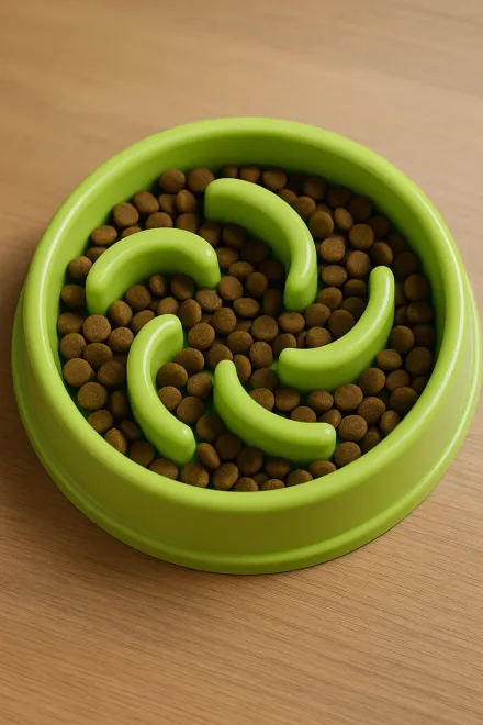 Dog using a plastic spiral slow feeder bowl