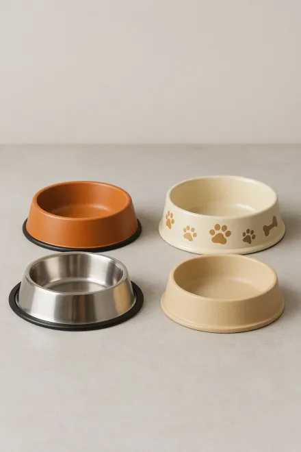 Stainless steel, ceramic and plastic bowls for dogs
