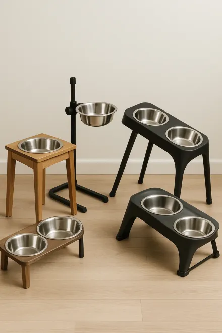 Types of elevated dog bowls for large breeds: wood and steel