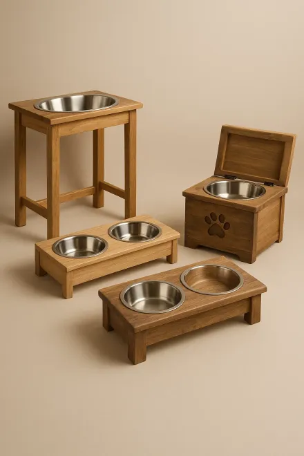 Different types of wooden dog bowls