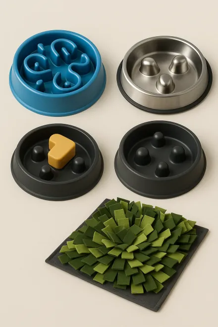 Different slow feeder dog bowls in plastic and steel