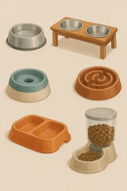 Types of dog bowls in different materials and sizes