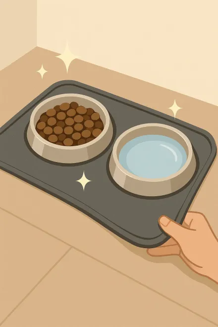Dog eating on a waterproof feeding mat