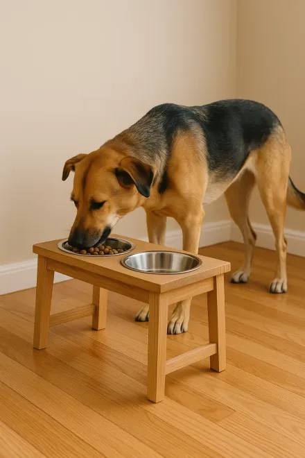 Large dog eating from stainless steel elevated bowl