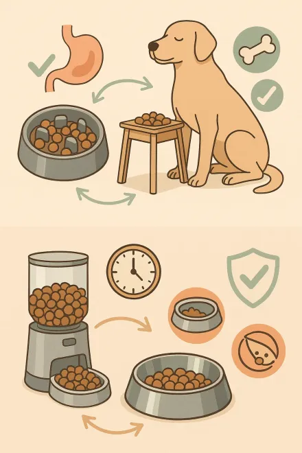 Dog eating from an elevated stainless steel bowl